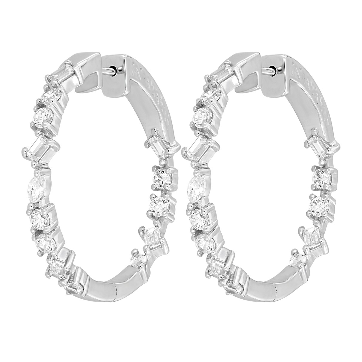 LADIES HOOP EARRINGS 2 1/2CT ROUND/EMERALD/MARQUISE DIAMOND 14K WHITE GOLD