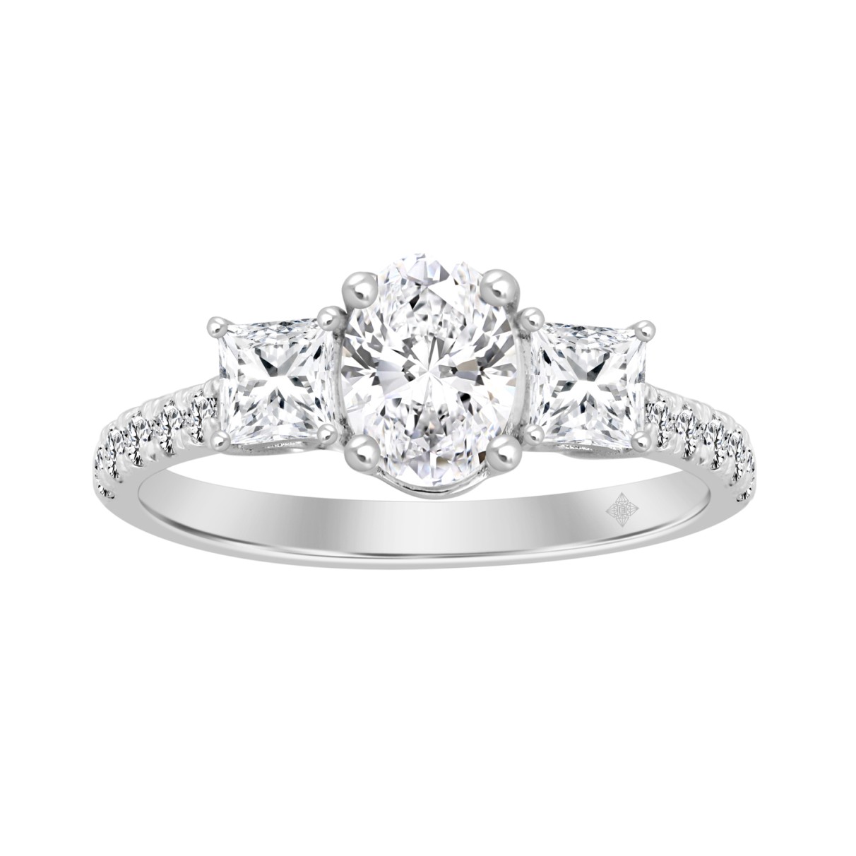 LADIES RING 1 3/4CT OVAL/PRINCESS/ROUND DIAMOND 14K WHITE GOLD ( CENTER STONE OVAL DIAMOND 1CT )