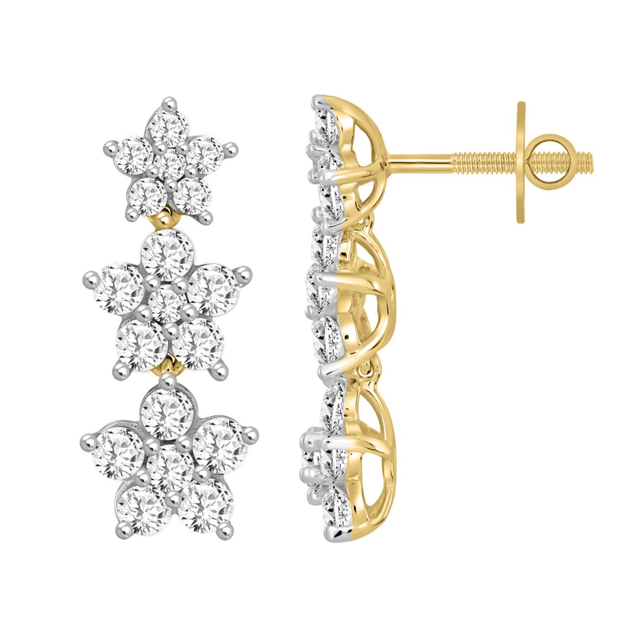 14K YELLOW GOLD 3CT ROUND DIAMOND LADIES LINEAR EARRINGS 