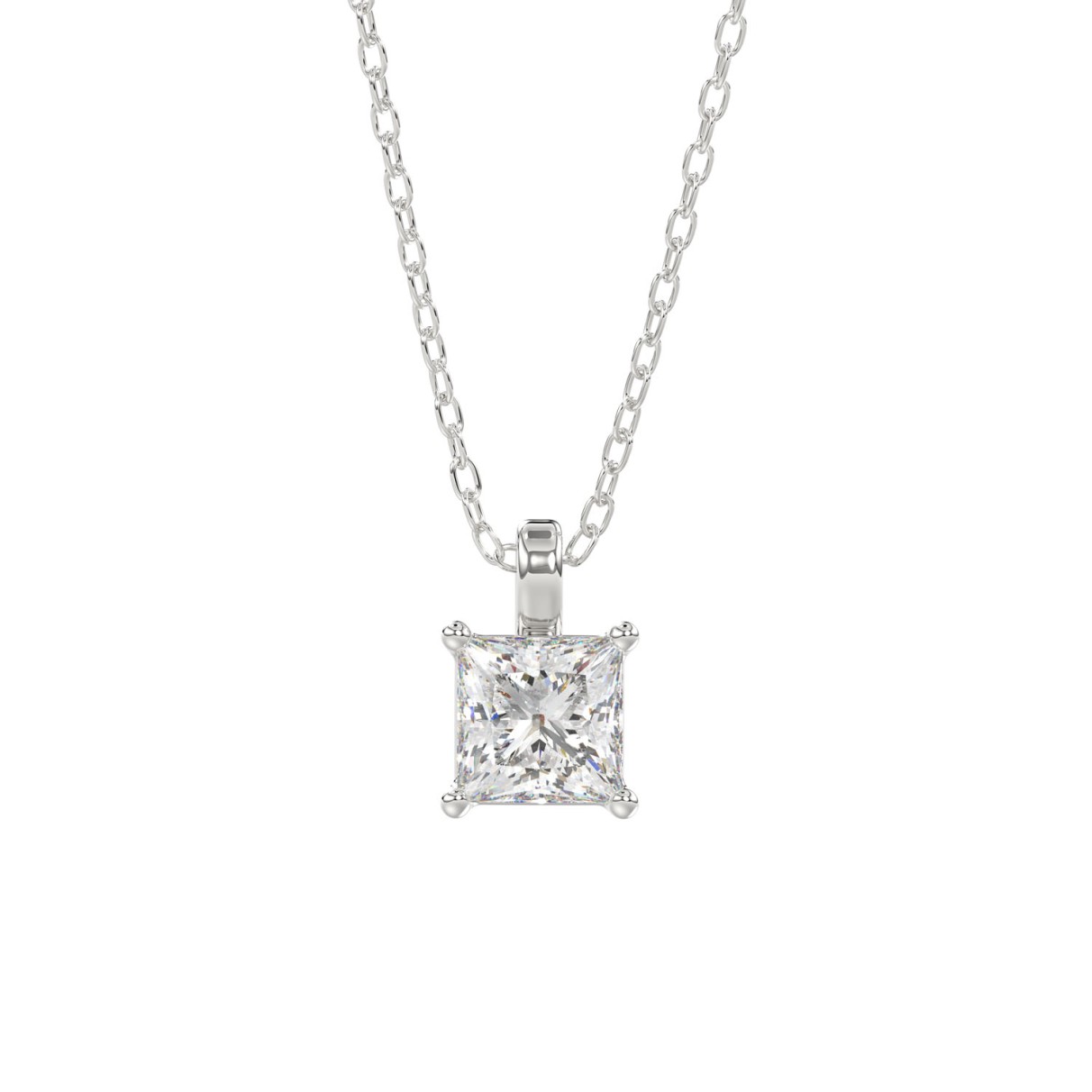 LADIES SOLITAIRE PENDANT WITH CHAIN 1CT PRINCESS DIAMOND 14K WHITE GOLD