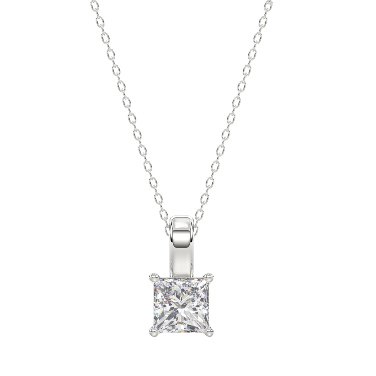 LADIES SOLITAIRE PENDANT WITH CHAIN 1CT PRINCESS DIAMOND 14K WHITE GOLD