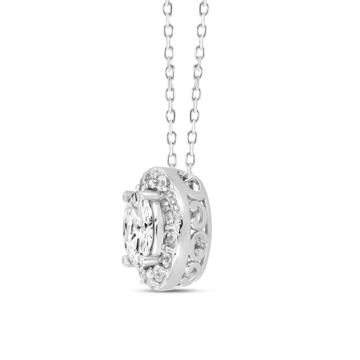 LADIES PENDANT WITH CHAIN 1CT ROUND/OVAL DIAMOND 14K WHITE GOLD (CENTER STONE OVAL DIAMOND 3/4CT )