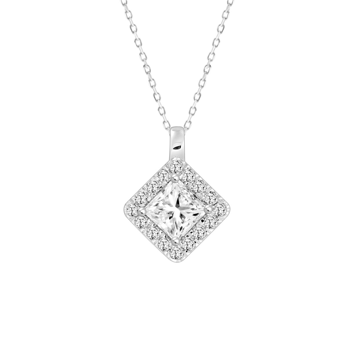 14K WHITE GOLD 1 1/4CT ROUND/PRINCESS DIAMOND LADIES PENDANT WITH CHAIN (CENTER STONE PRINCESS DIAMOND 1CT