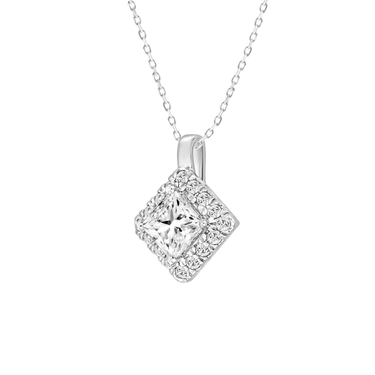 14K WHITE GOLD 1 1/4CT ROUND/PRINCESS DIAMOND LADIES PENDANT WITH CHAIN (CENTER STONE PRINCESS DIAMOND 1CT