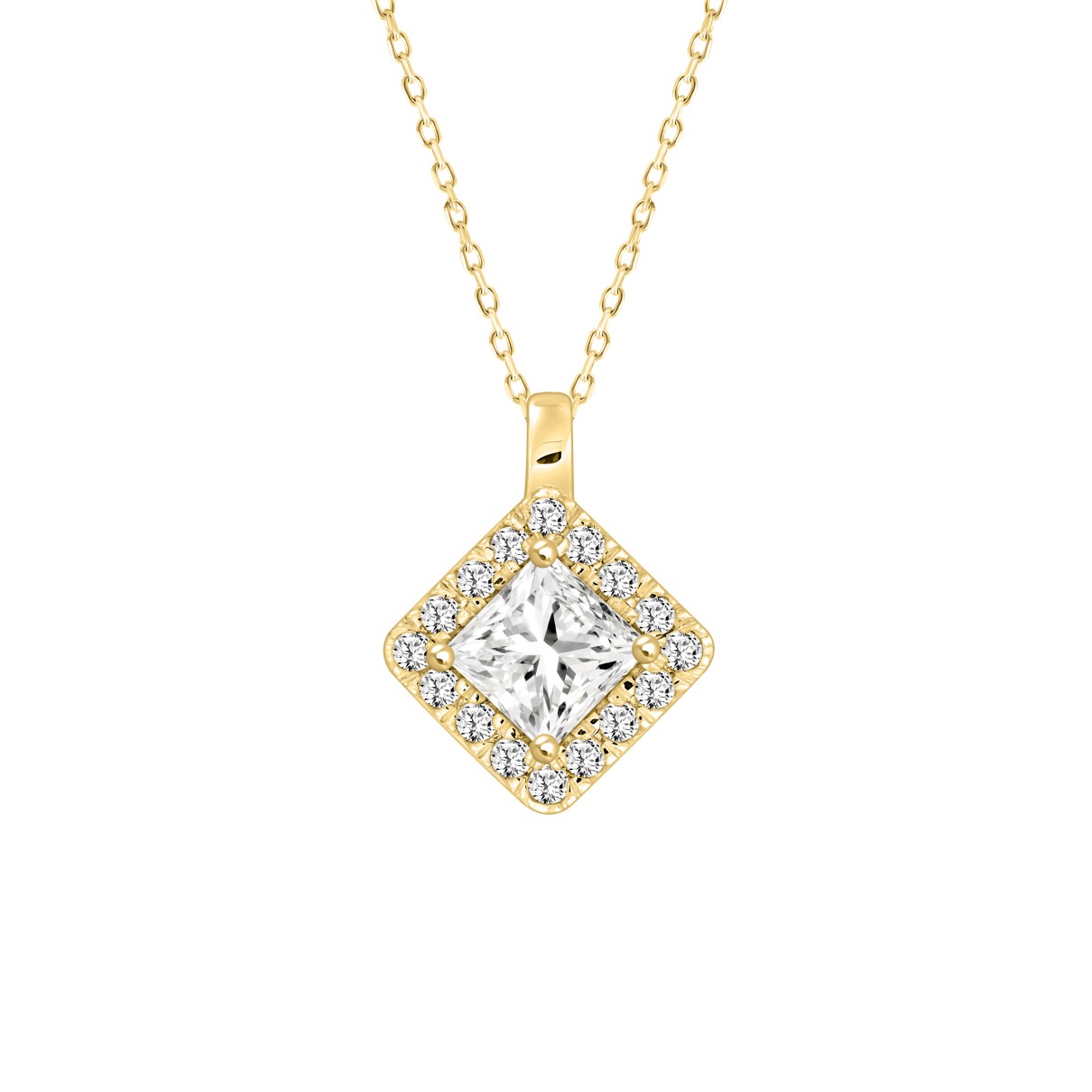 LADIES PENDANT WITH CHAIN 1 1/4CT ROUND/PRINCESS DIAMOND 14K YELLOW GOLD (CENTER STONE PRINCESS DIAMOND 1CT)