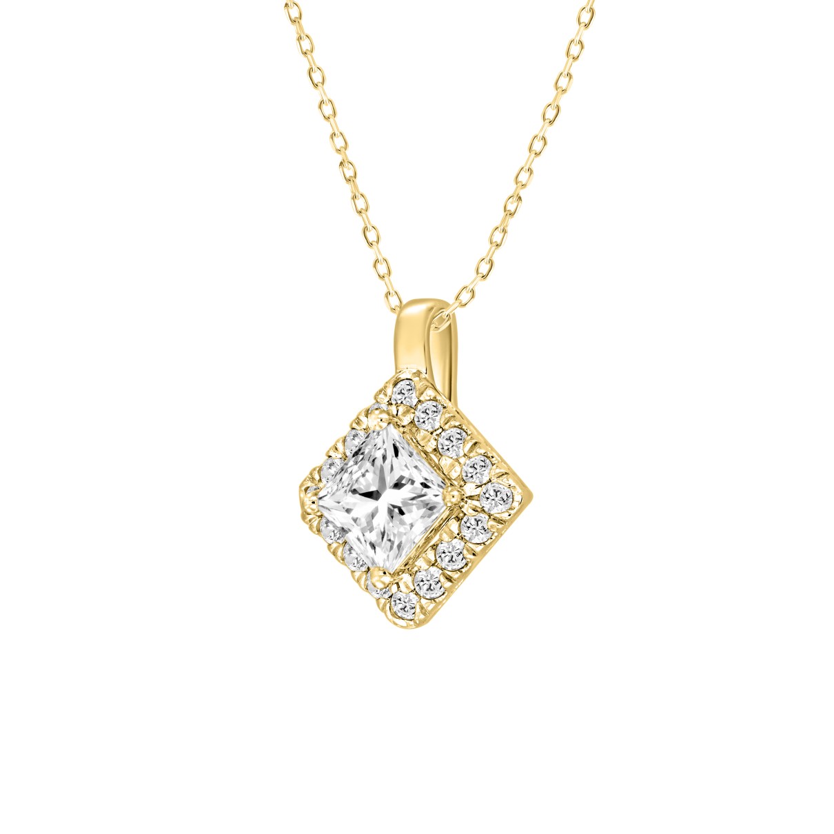 LADIES PENDANT WITH CHAIN 1 1/4CT ROUND/PRINCESS DIAMOND 14K YELLOW GOLD (CENTER STONE PRINCESS DIAMOND 1CT)