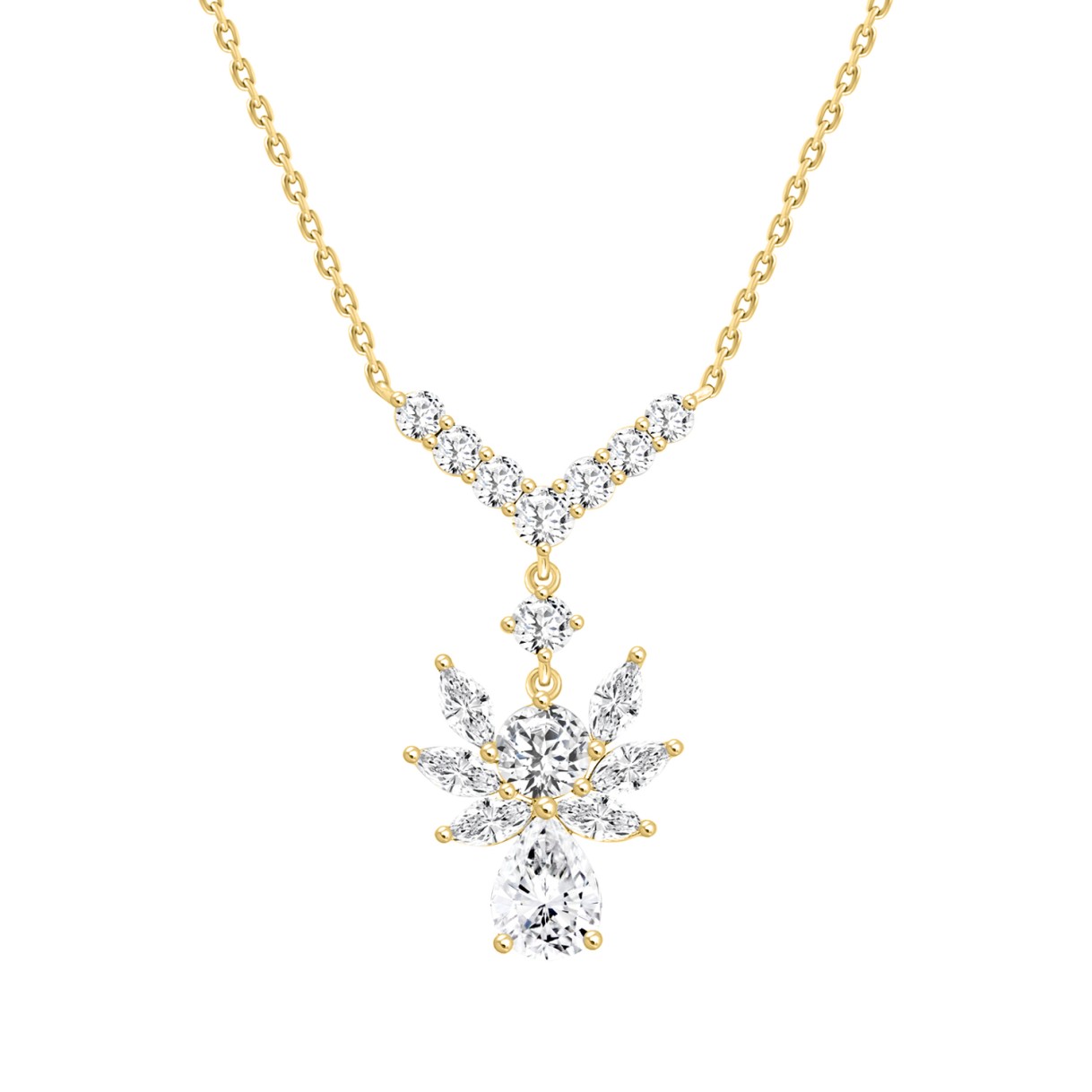 LADIES NECKLACE 3 3/4CT ROUND/PEAR/MARQUISE DIAMOND 14K YELLOW GOLD
