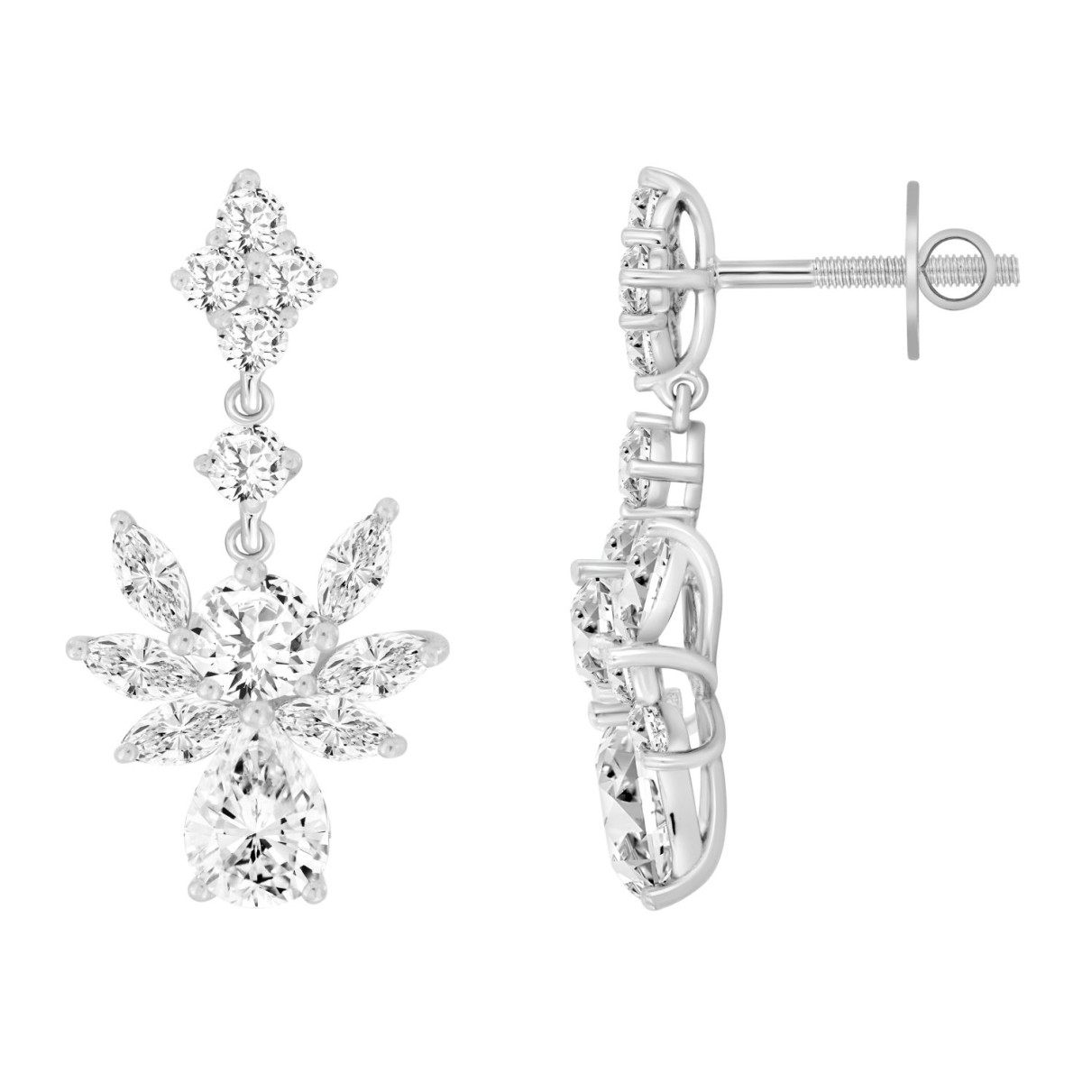 LADIES EARRINGS 7CT ROUND/MARQUISE/PEAR DIAMOND 14K WHITE GOLD