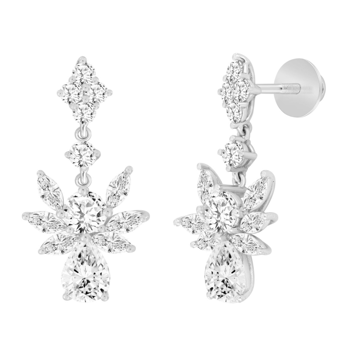 LADIES EARRINGS 7CT ROUND/MARQUISE/PEAR DIAMOND 14K WHITE GOLD