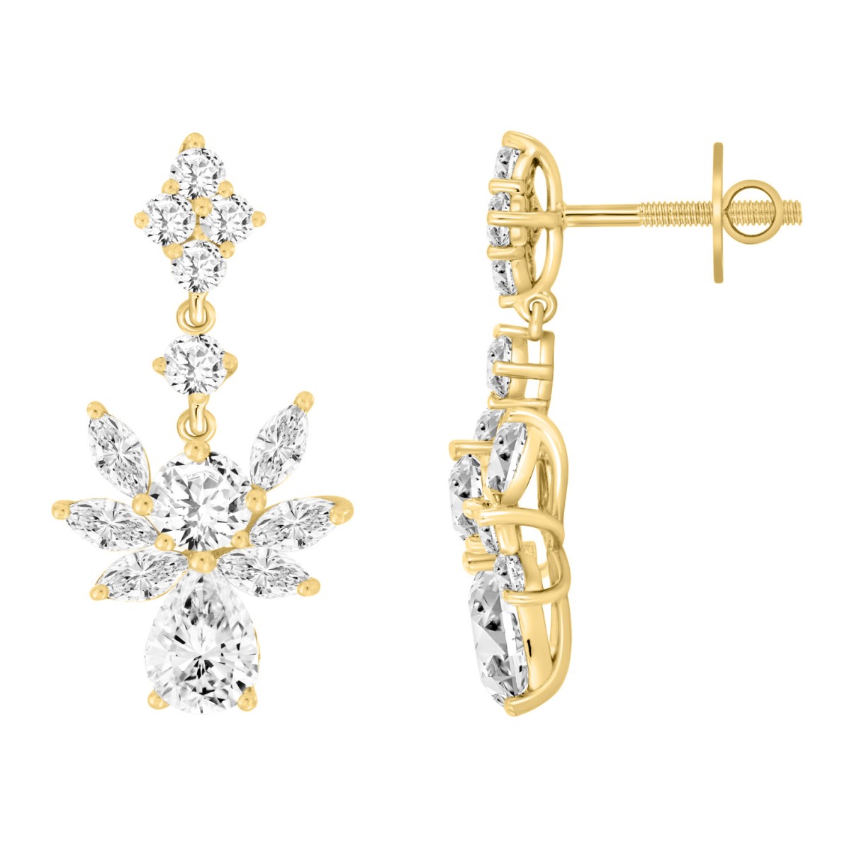 LADIES EARRINGS 7CT ROUND/MARQUISE/PEAR DIAMOND 14K YELLOW GOLD