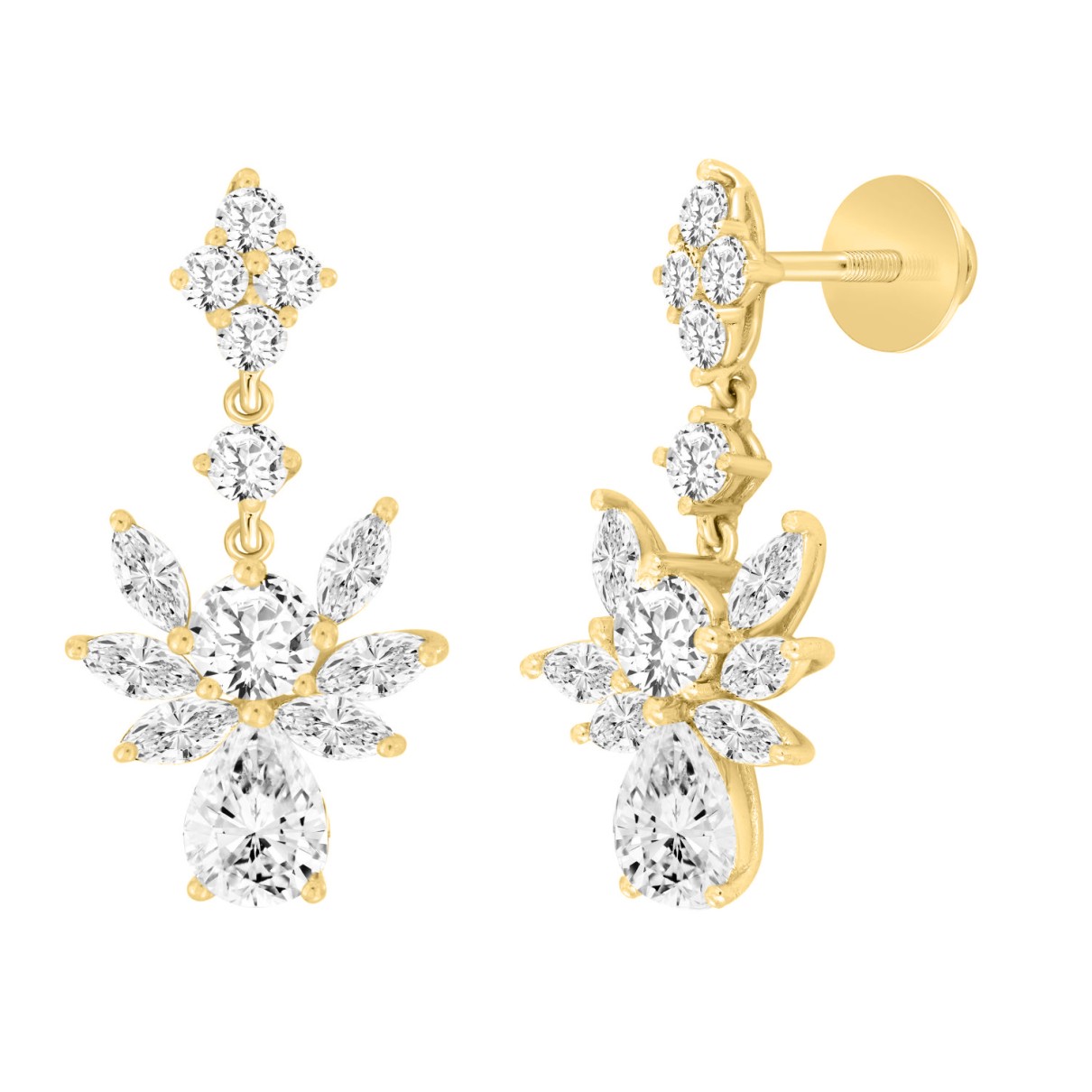 LADIES EARRINGS 7CT ROUND/MARQUISE/PEAR DIAMOND 14K YELLOW GOLD