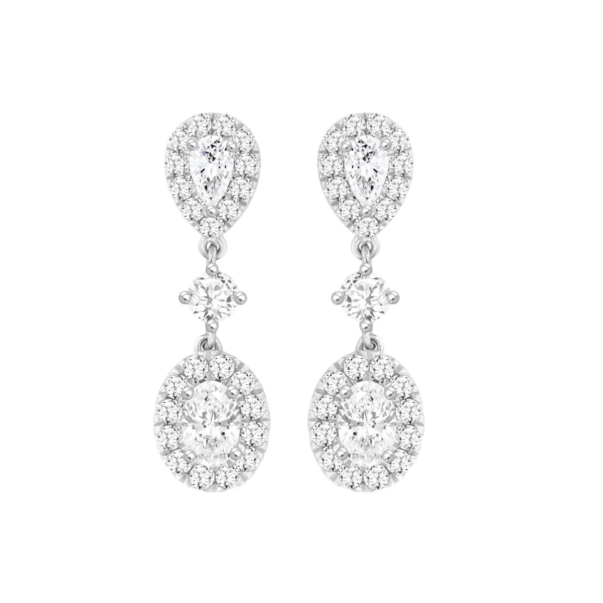 LADIES EARRINGS 2 3/4CT ROUND/OVAL/PEAR DIAMOND 14K WHITE GOLD (CENTER STONE OVAL DIAMOND 1CT )