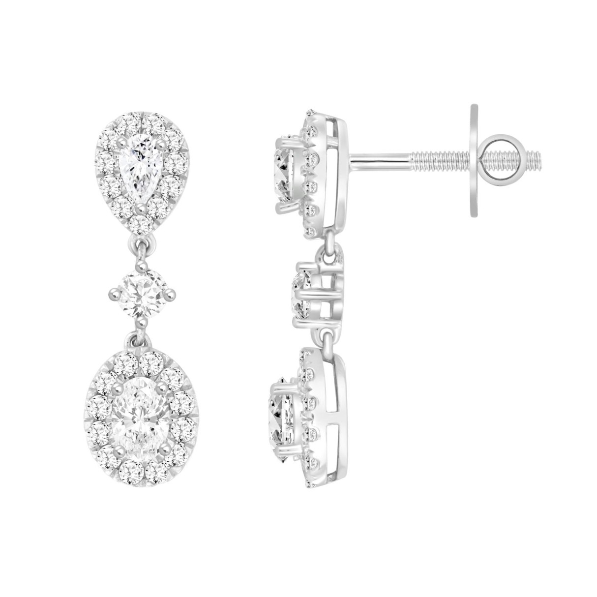 LADIES EARRINGS 2 3/4CT ROUND/OVAL/PEAR DIAMOND 14K WHITE GOLD (CENTER STONE OVAL DIAMOND 1CT )