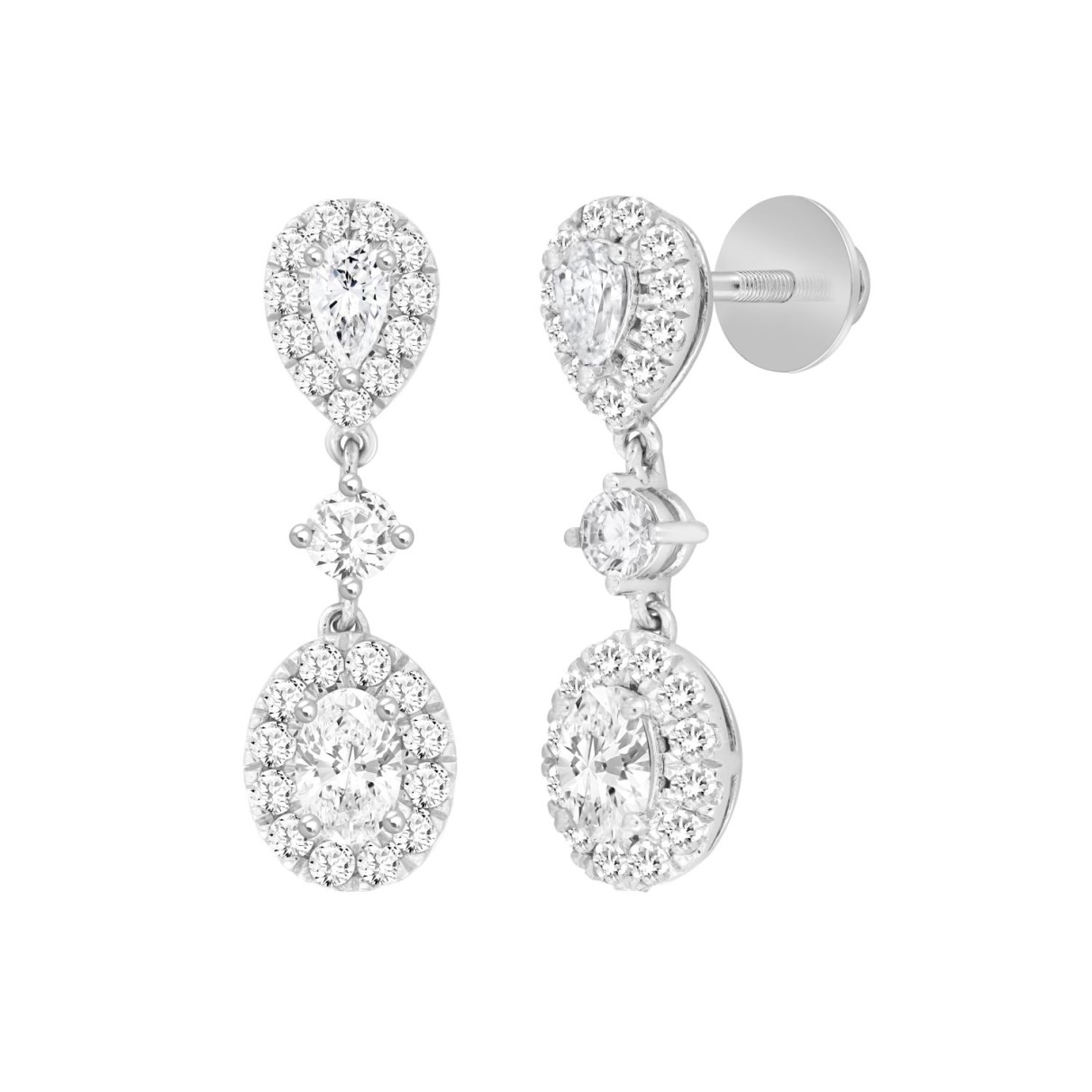 LADIES EARRINGS 2 3/4CT ROUND/OVAL/PEAR DIAMOND 14K WHITE GOLD (CENTER STONE OVAL DIAMOND 1CT )