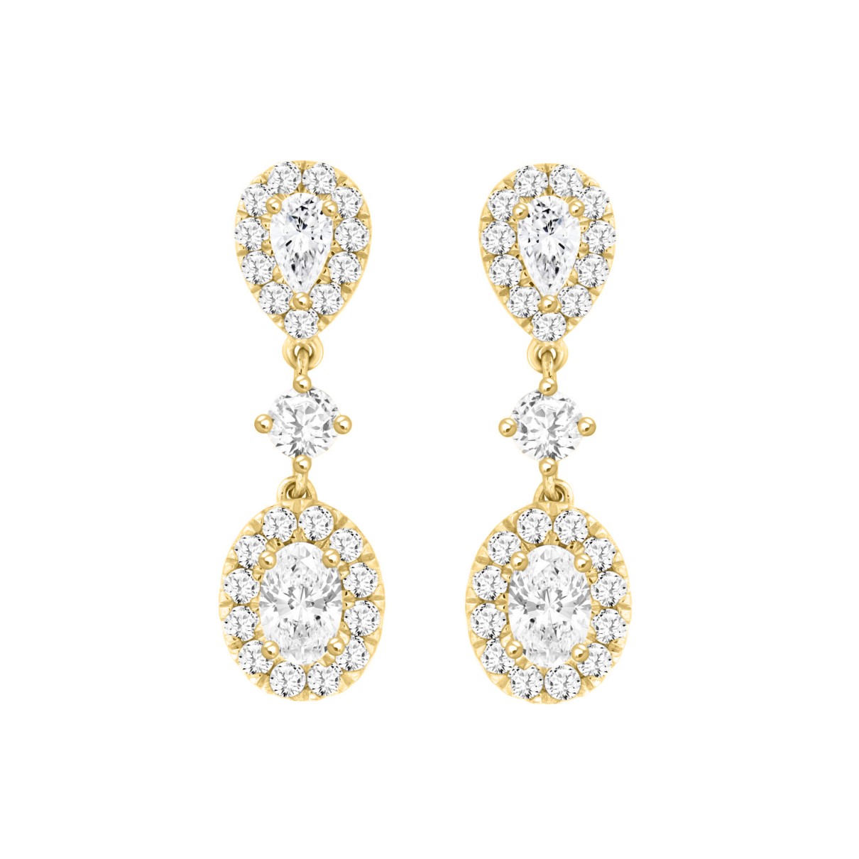 LADIES EARRINGS 2 3/4CT ROUND/OVAL/PEAR DIAMOND 14K YELLOW GOLD (CENTER STONE OVAL DIAMOND 1CT )