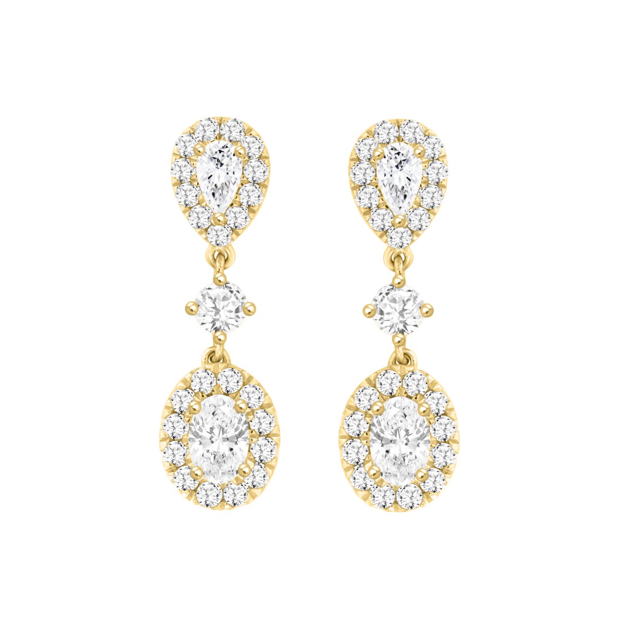 LADIES EARRINGS 2 3/4CT ROUND/OVAL/PEAR DIAMOND 14K YELLOW GOLD (CENTER STONE OVAL DIAMOND 1CT )