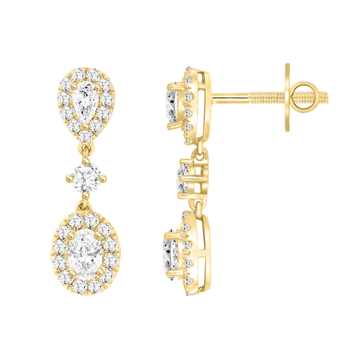 LADIES EARRINGS 2 3/4CT ROUND/OVAL/PEAR DIAMOND 14K YELLOW GOLD (CENTER STONE OVAL DIAMOND 1CT )