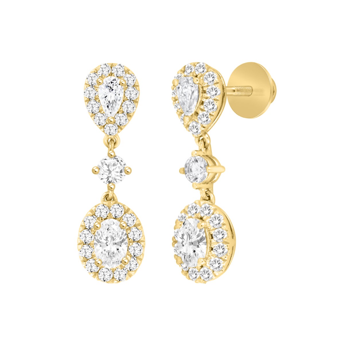 LADIES EARRINGS 2 3/4CT ROUND/OVAL/PEAR DIAMOND 14K YELLOW GOLD (CENTER STONE OVAL DIAMOND 1CT )