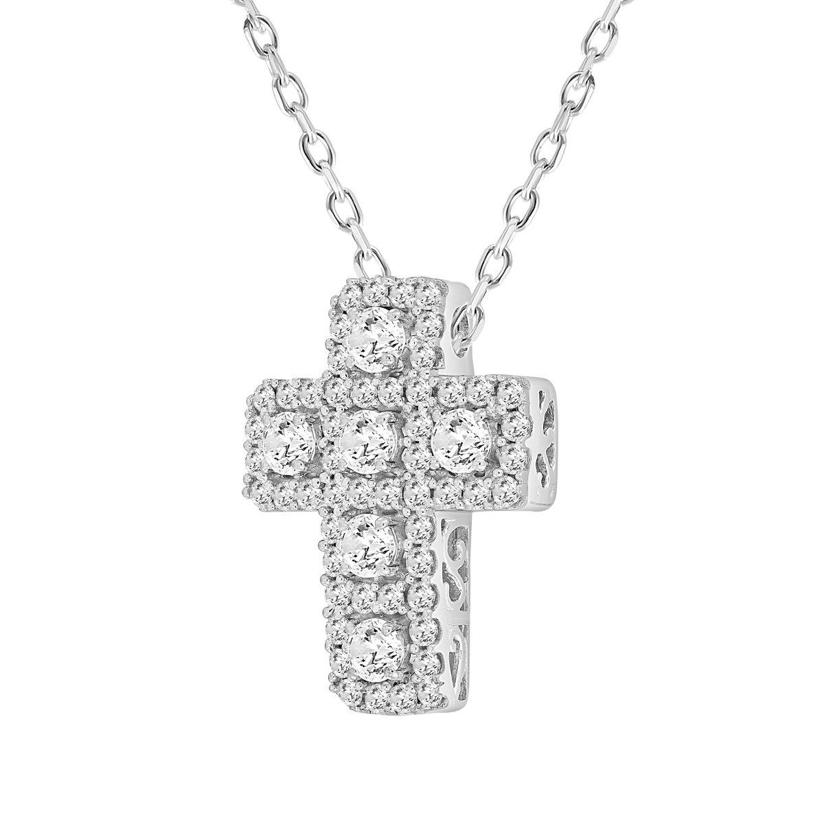 LADIES CROSS PENDANT WITH CHAIN 2 1/2CT ROUND DIAMOND 14K WHITE GOLD