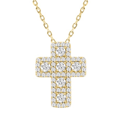 LADIES CROSS PENDANT WITH CHAIN 2 1/2CT ROUND DIAMOND 14K YELLOW GOLD