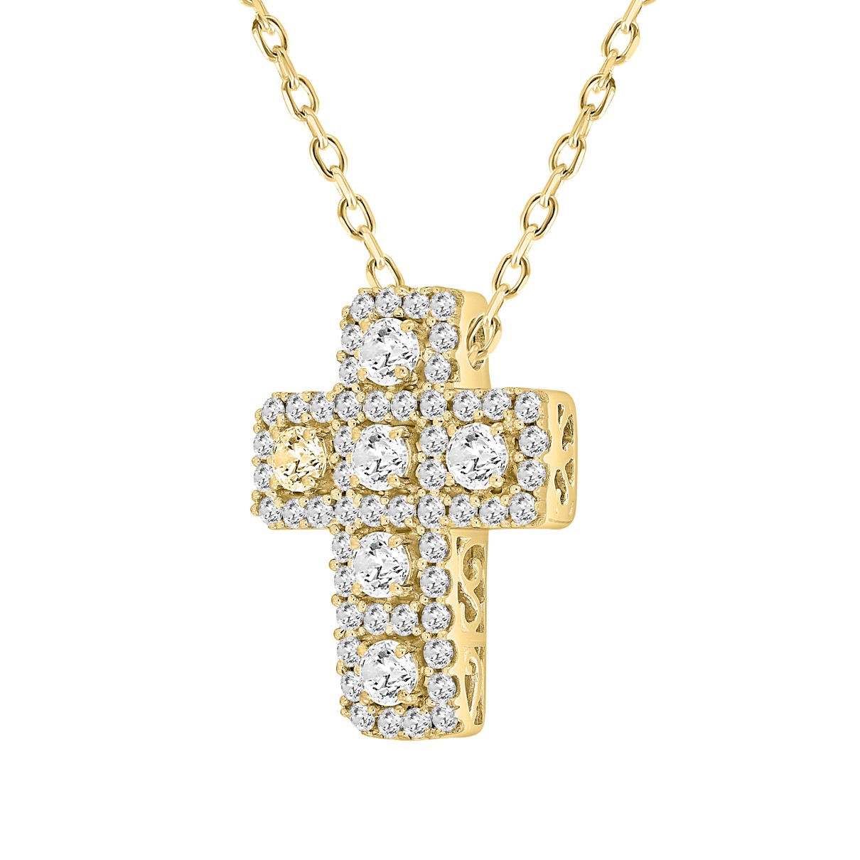 LADIES CROSS PENDANT WITH CHAIN 2 1/2CT ROUND DIAMOND 14K YELLOW GOLD