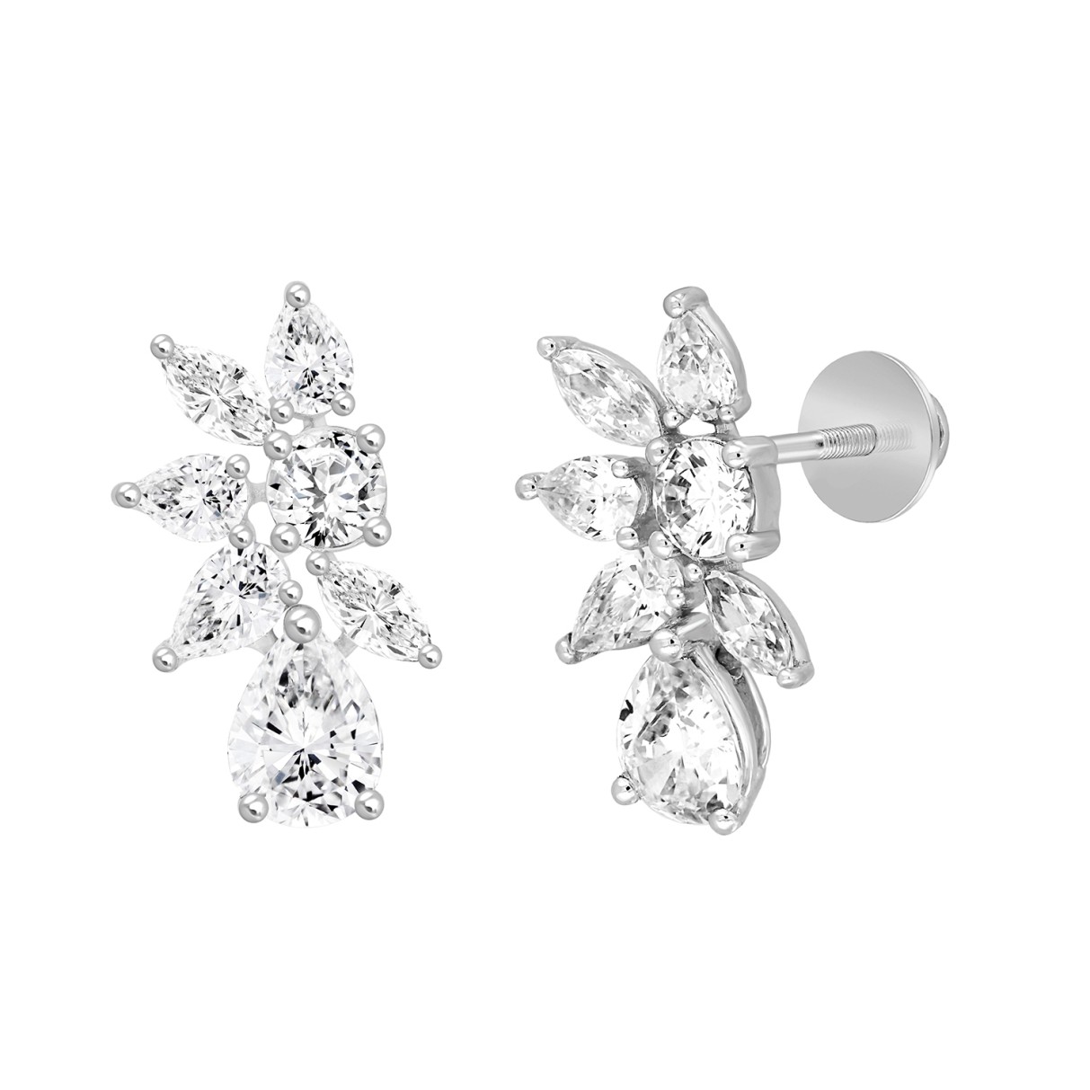 LADIES STUD EARRINGS 4 1/2CT PEAR/ROUND/MARQUISE DIAMOND 14K WHITE GOLD