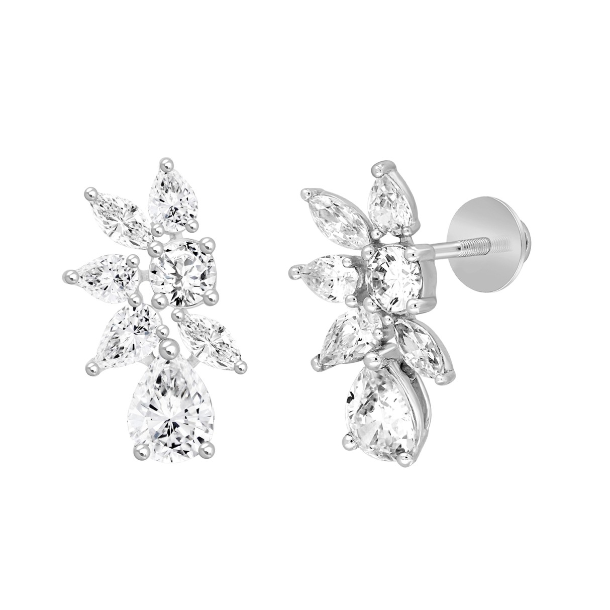 LADIES STUD EARRINGS 4 1/2CT PEAR/ROUND/MARQUISE DIAMOND 14K WHITE GOLD