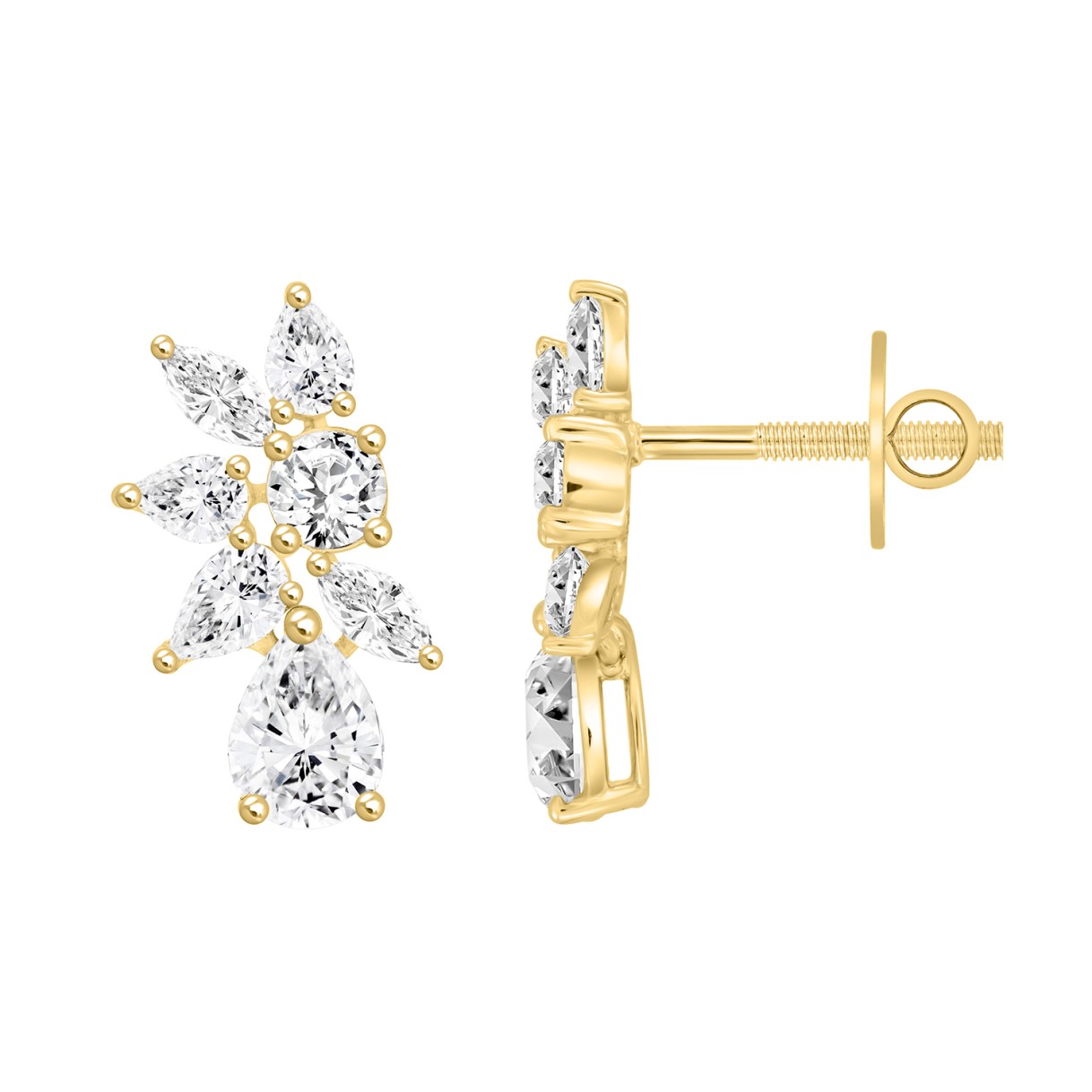 LADIES STUD EARRINGS 4 1/2CT PEAR/ROUND/MARQUISE DIAMOND 14K YELLOW GOLD