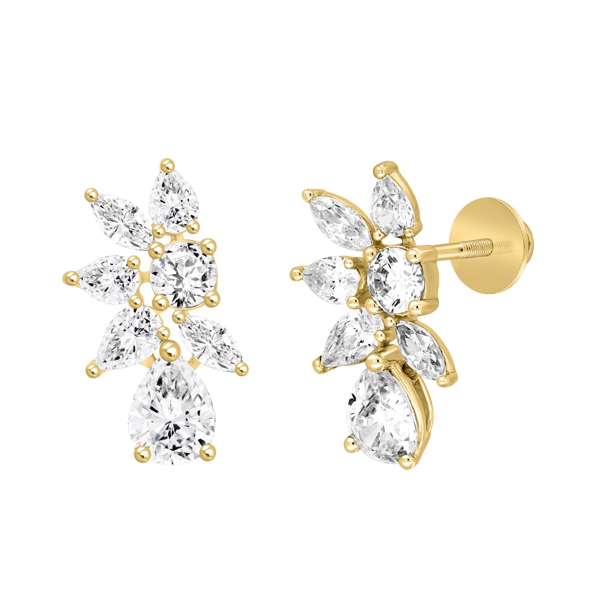 LADIES STUD EARRINGS 4 1/2CT PEAR/ROUND/MARQUISE DIAMOND 14K YELLOW GOLD