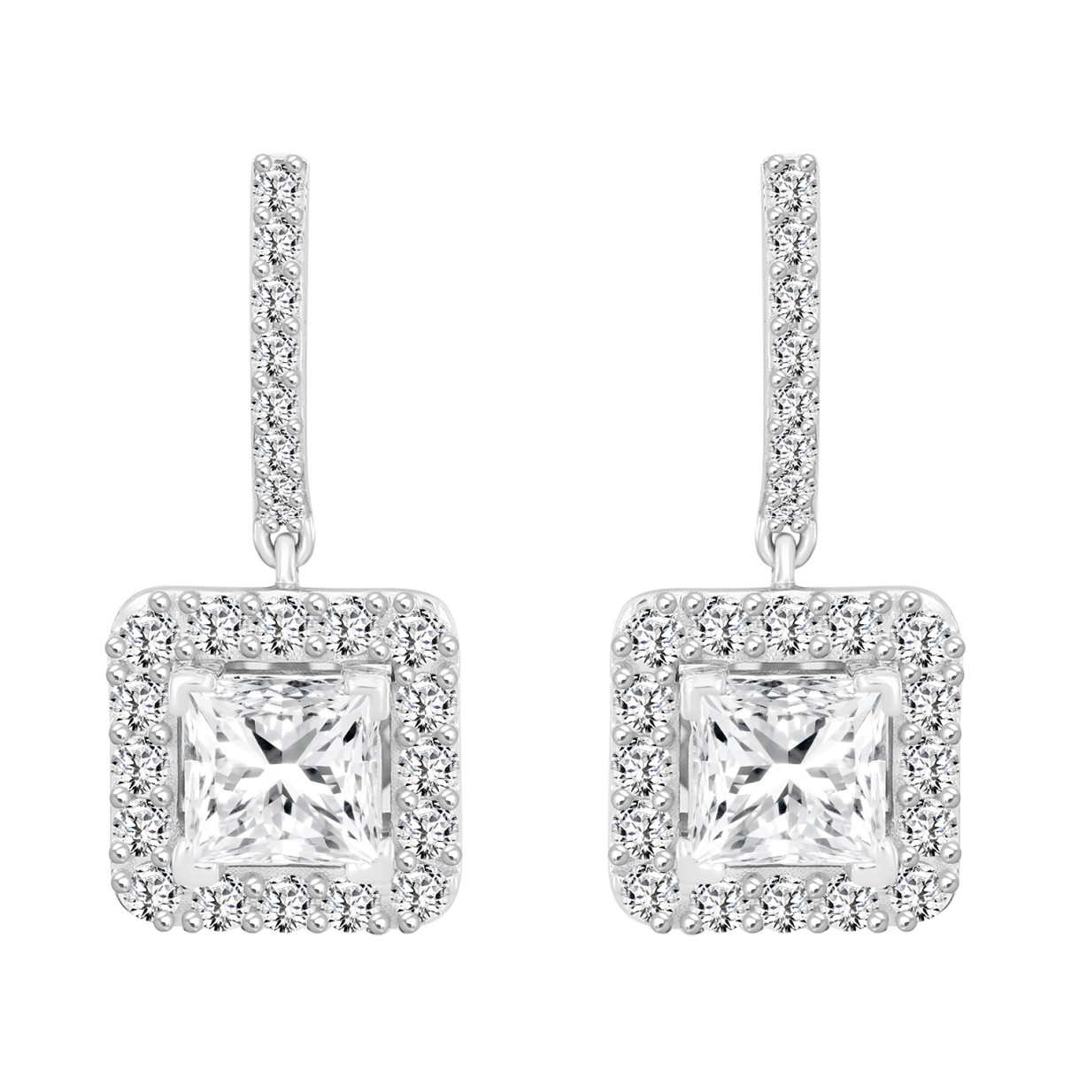 LADIES EARRINGS 3CT PRINCESS/ROUND DIAMOND 14K WHITE GOLD (CENTER STONE PRINCESS DIAMOND 2CT )
