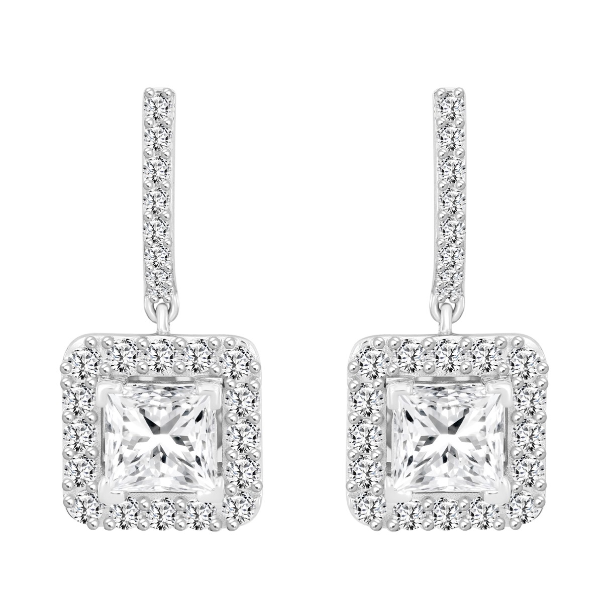 LADIES EARRINGS 3CT PRINCESS/ROUND DIAMOND 14K WHITE GOLD (CENTER STONE PRINCESS DIAMOND 2CT )