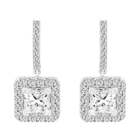 LADIES EARRINGS 3CT PRINCESS/ROUND DIAMOND 14K WHITE GOLD (CENTER STONE PRINCESS DIAMOND 2CT )