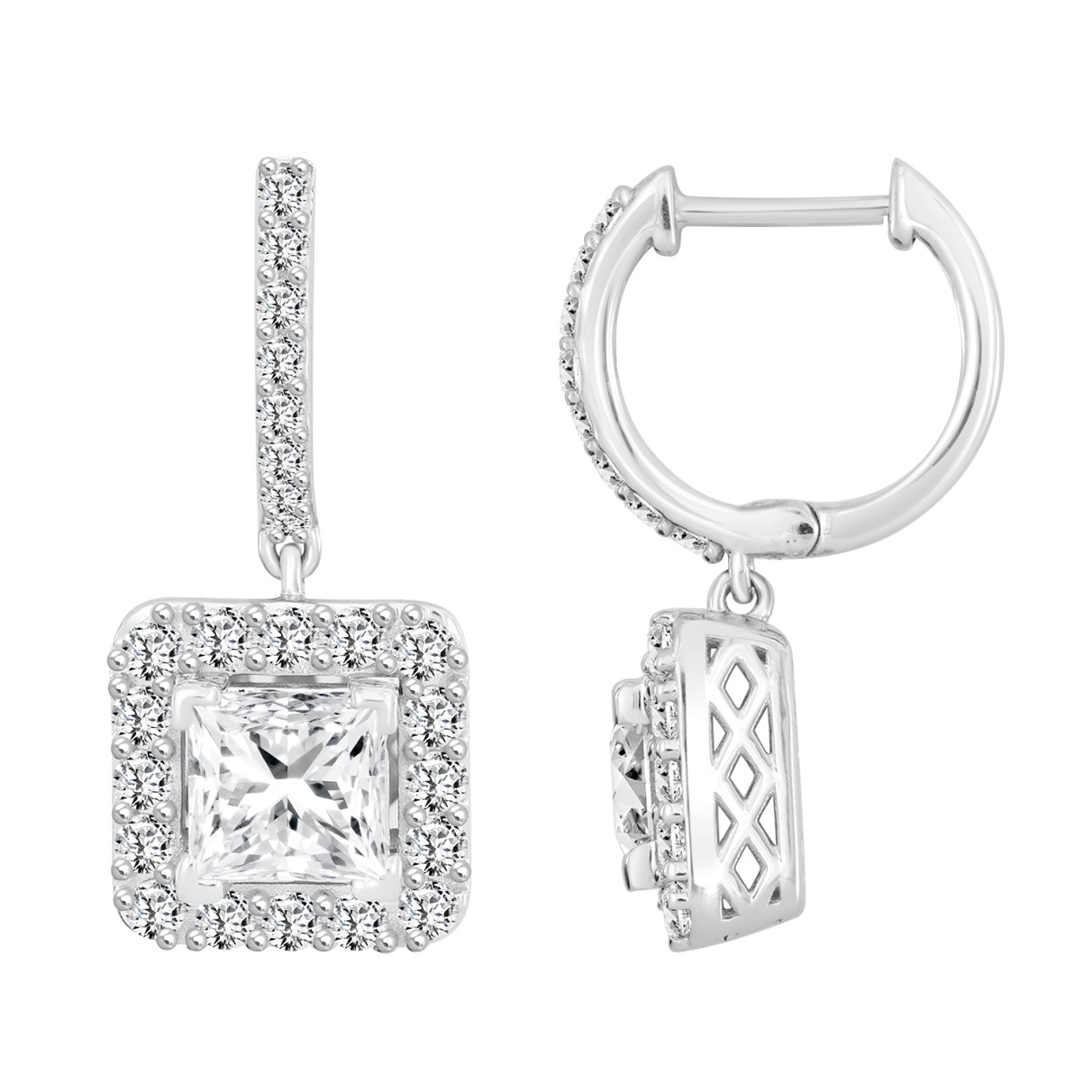 LADIES EARRINGS 3CT PRINCESS/ROUND DIAMOND 14K WHITE GOLD (CENTER STONE PRINCESS DIAMOND 2CT )