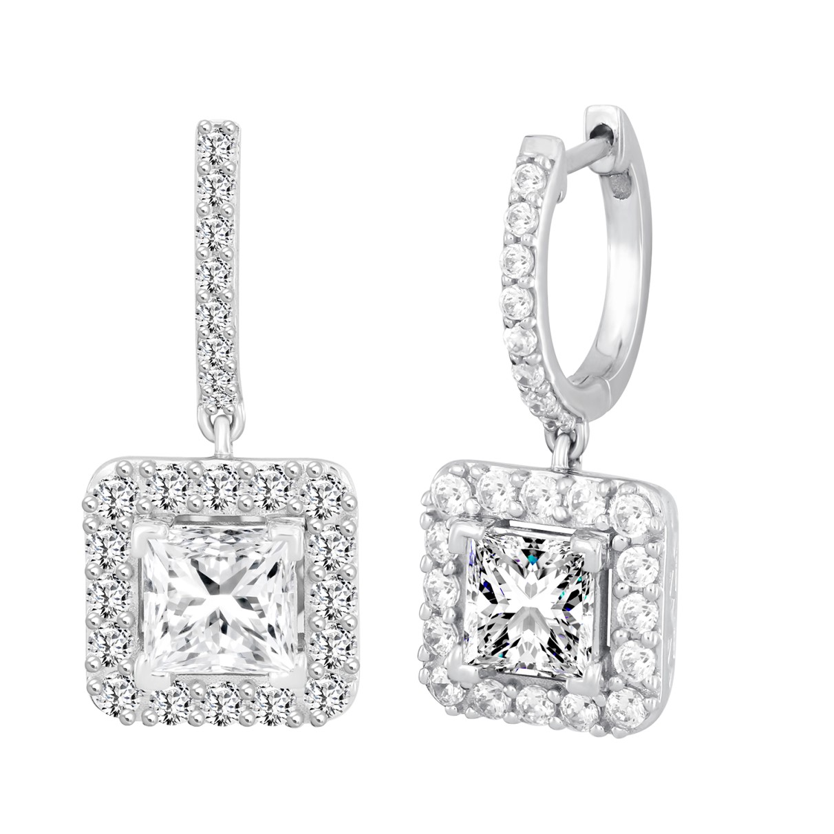 LADIES EARRINGS 3CT PRINCESS/ROUND DIAMOND 14K WHITE GOLD (CENTER STONE PRINCESS DIAMOND 2CT )