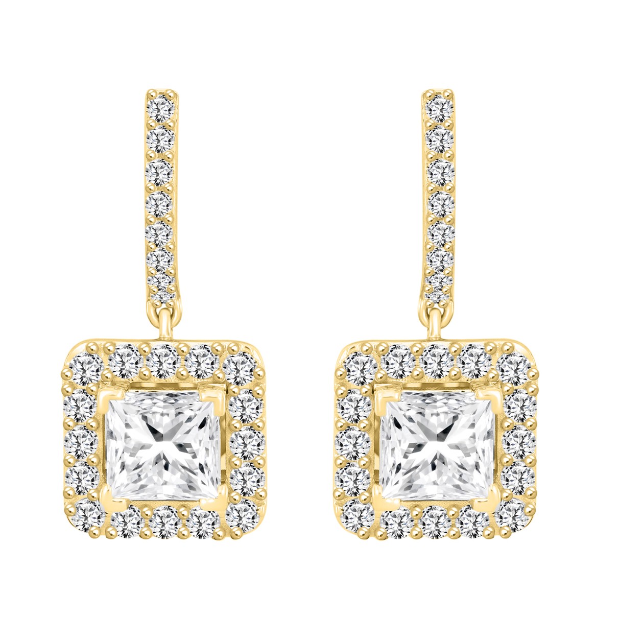 LADIES EARRINGS 3CT PRINCESS/ROUND DIAMOND 14K YEL...