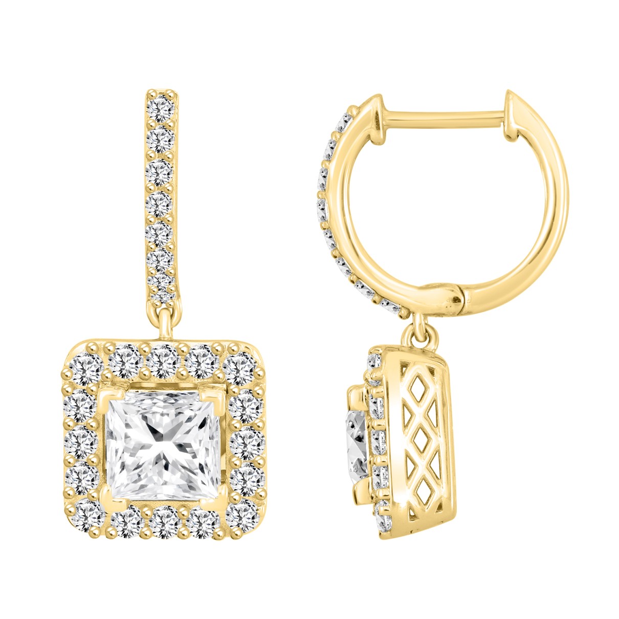 LADIES EARRINGS 3CT PRINCESS/ROUND DIAMOND 14K YELLOW GOLD (CENTER STONE PRINCESS DIAMOND 2CT )