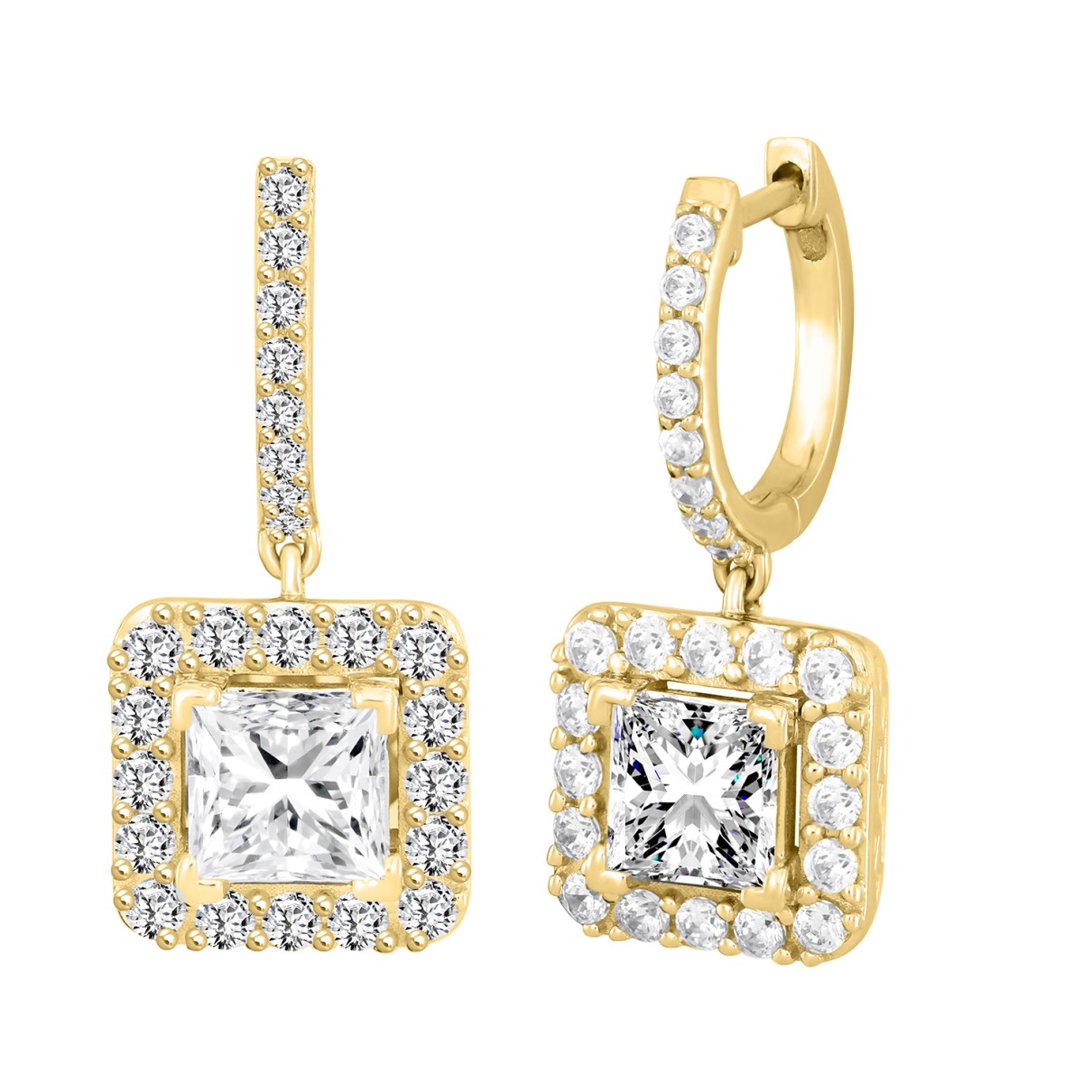 LADIES EARRINGS 3CT PRINCESS/ROUND DIAMOND 14K YELLOW GOLD (CENTER STONE PRINCESS DIAMOND 2CT )