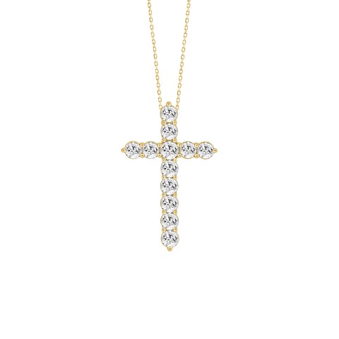 LADIES CROSS PENDANT WITH CHAIN 4CT ROUND DIAMOND 14K YELLOW GOLD