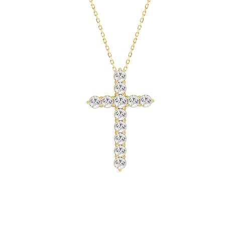 LADIES CROSS PENDANT WITH CHAIN 5CT ROUND DIAMOND 14K YELLOW GOLD