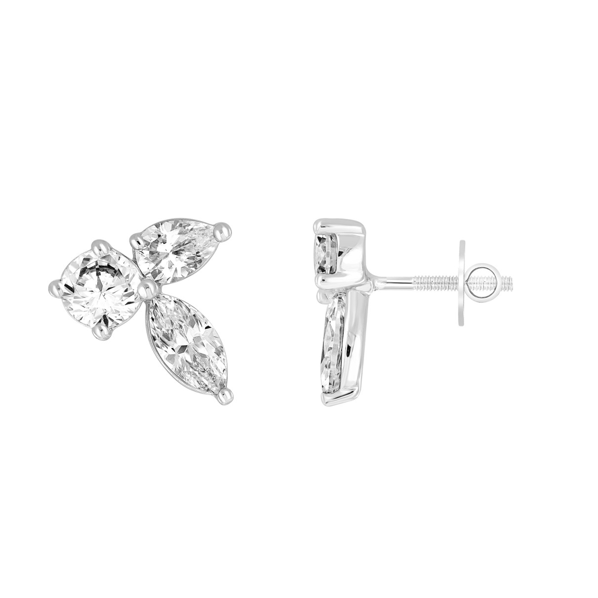 LADIES STUD EARRINGS  3CT PEAR/ROUND/MARQUISE DIAMOND 14K WHITE GOLD