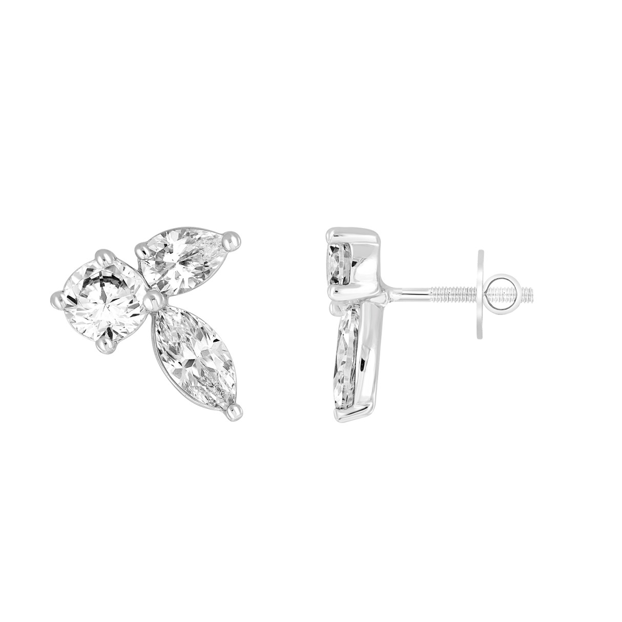 LADIES STUD EARRINGS 3CT PEAR/ROUND/MARQUISE DIAMOND 14K WHITE GOLD