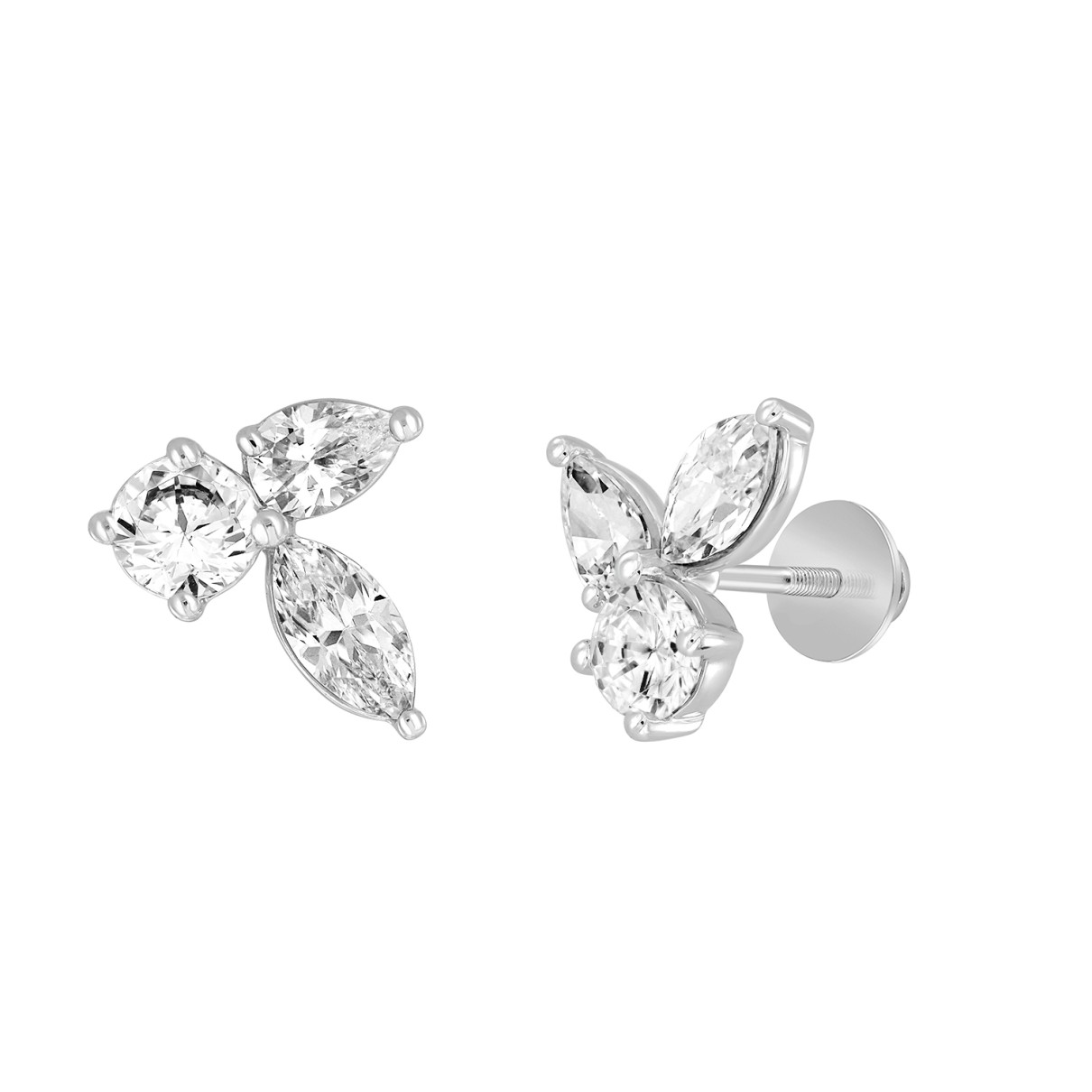 LADIES STUD EARRINGS 3CT PEAR/ROUND/MARQUISE DIAMOND 14K WHITE GOLD