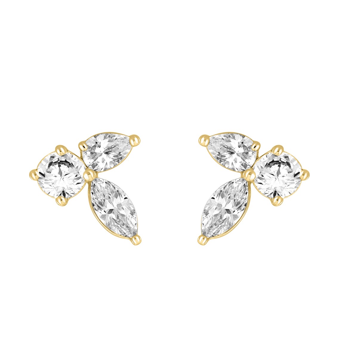 LADIES STUD EARRINGS 3CT PEAR/ROUND/MARQUISE DIAMOND 14K YELLOW GOLD