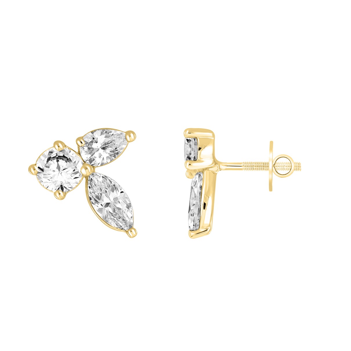 LADIES STUD EARRINGS 3CT PEAR/ROUND/MARQUISE DIAMOND 14K YELLOW GOLD