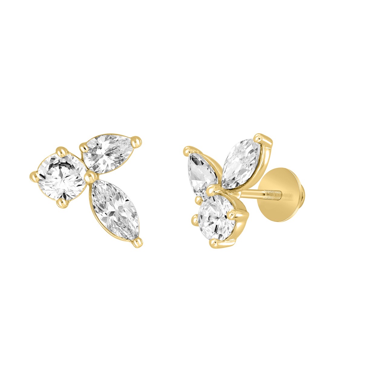 LADIES STUD EARRINGS 3CT PEAR/ROUND/MARQUISE DIAMOND 14K YELLOW GOLD