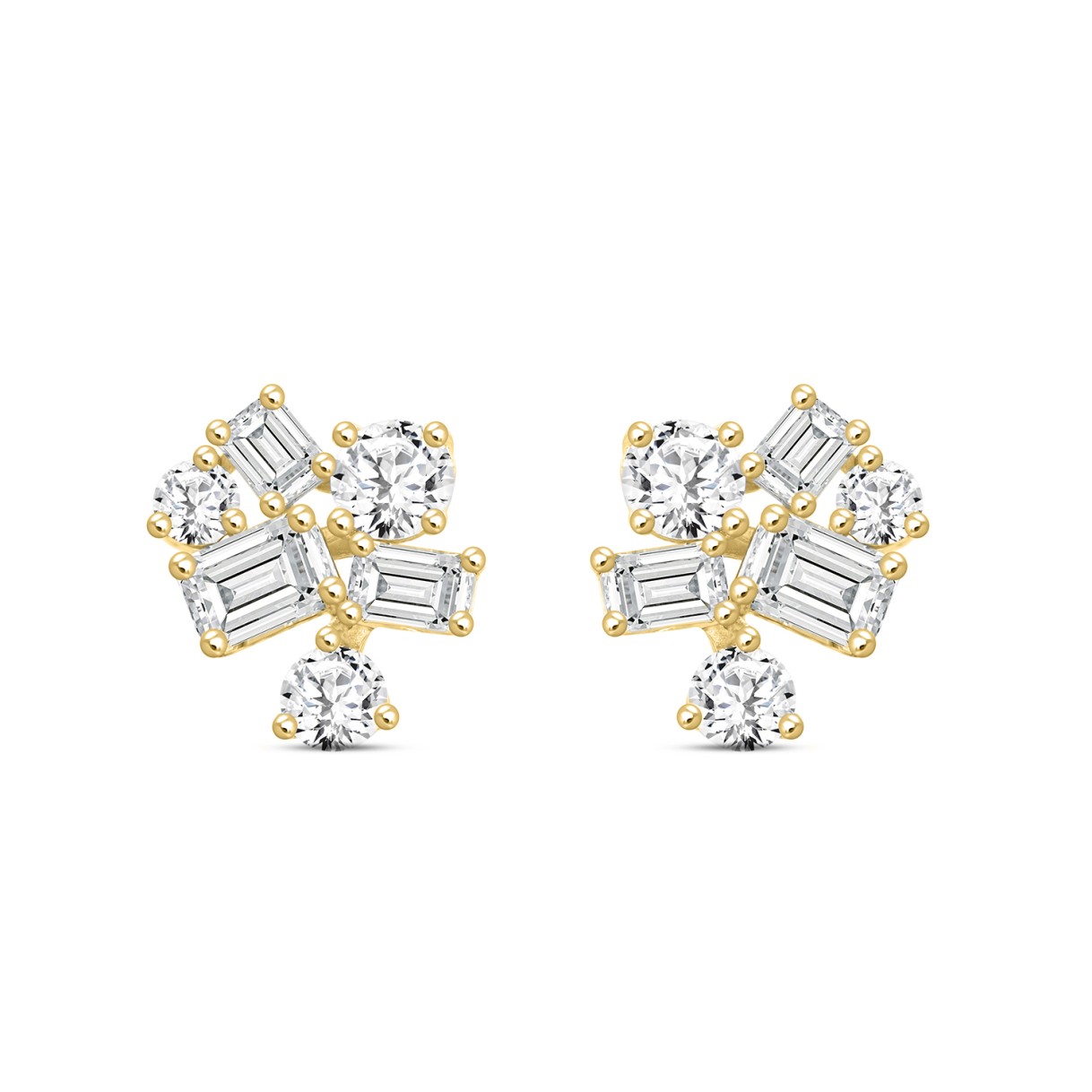 LADIES STUD EARRINGS 3 1/2CT EMERALD/ROUND DIAMOND 14K YELLOW GOLD