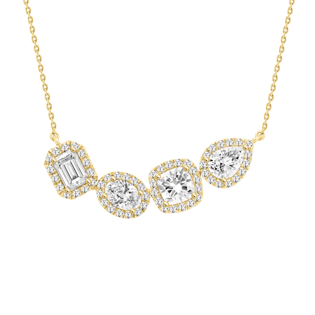 LADIES NECKLACE WITH CHAIN 3 1/2CT ROUND/PEAR/OVAL/COUSHION/EMERALD DIAMOND 14K YELLOW GOLD