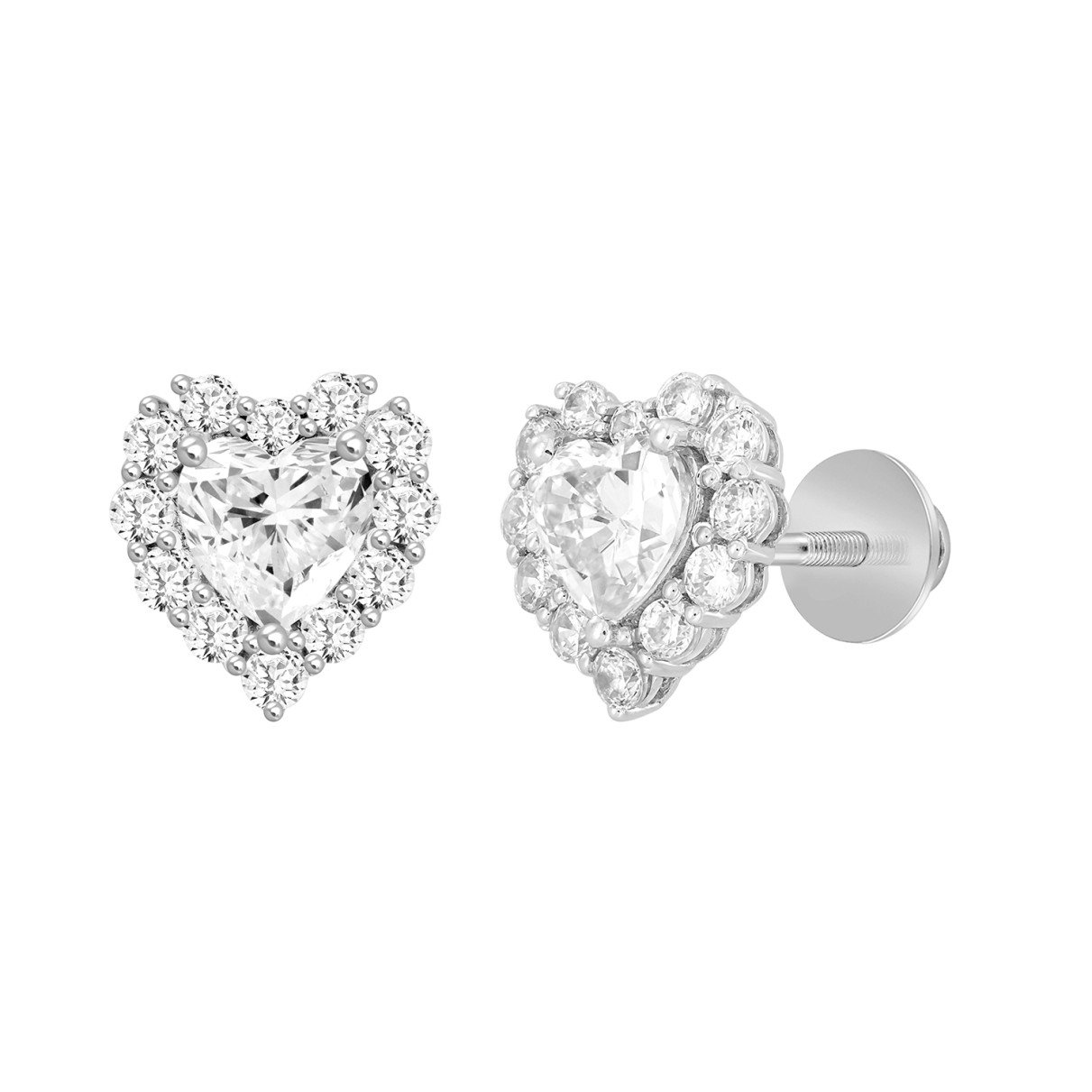 LADIES STUD EARRINGS  3CT HEART/ROUND DIAMOND 14K WHITE GOLD (CENTER STONE HEART DIAMOND 2CT )