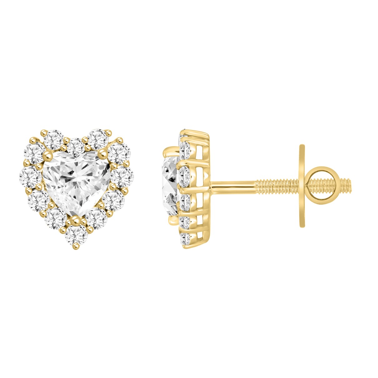 LADIES STUD EARRINGS 3CT HEART/ROUND DIAMOND 14K YELLOW GOLD (CENTER STONE HEART DIAMOND 2CT )