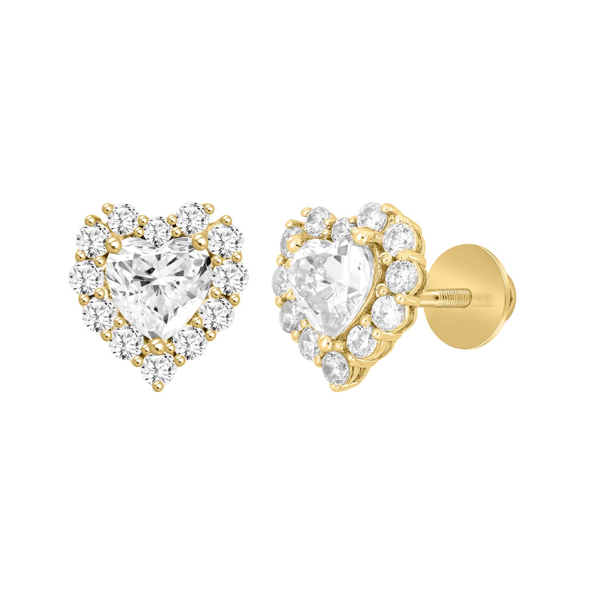 LADIES STUD EARRINGS 3CT HEART/ROUND DIAMOND 14K YELLOW GOLD (CENTER STONE HEART DIAMOND 2CT )